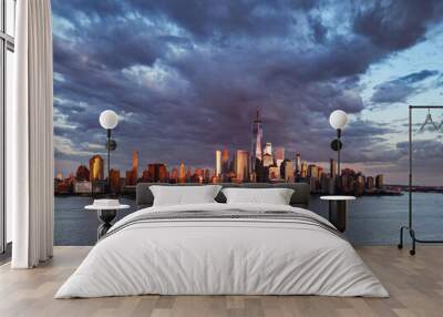 NYC, New York City Skyline with dramatic sky. American Urban Skyscrapers USA near dramatic clouds. New York City skyline, cityscape of Manhattan in New York. Panoramic view on Manhattan. USA. Wall mural