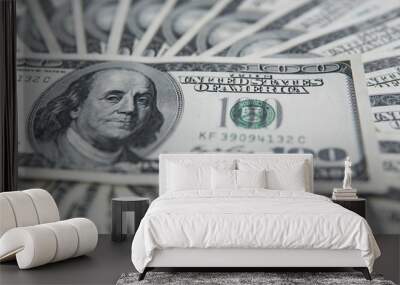 One hundred dollars pile. Money background, heap of dollars, financial concept of earnings. Top view. Financial, bussiness, commercial and banking concept. American dollars in one hundred banknotes. Wall mural