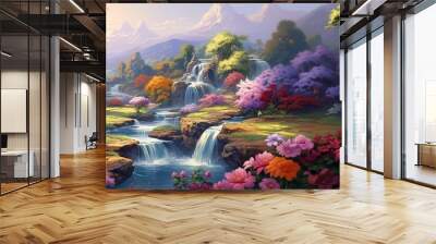 Picturesque summer landscape with waterfalls on the river, flowers on the river bank against the background of remote mountains, paradise Wall mural