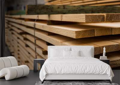 Piles of wooden boards in the sawmill, planking. Warehouse for sawing boards on a sawmill outdoors. Wood timber stack of wooden blanks construction material. Industry. Wall mural