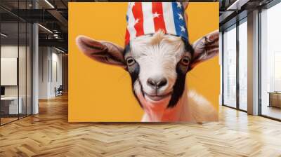 Portrait of a cute baby goat wearing a stars and stripes hat on a bright orange background. The goat's playful nature and the colorful hat create a joyful and patriotic image. Wall mural