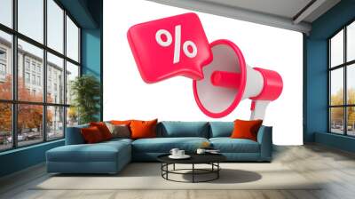 Red megaphone with percent offer promotion message bubble isolated. Close up price discount icon for sales and shopping online concept. 3d rendering. Wall mural