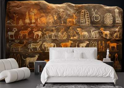 Rock painting. Images of wild ancient animals on a rock. Stone age of art Wall mural