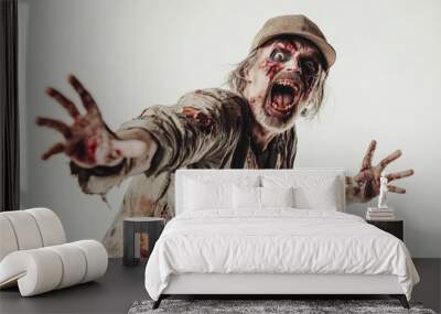 Senior Caucasian man in a zombie costume with a joyful, wild expression, standing on a white background. Wall mural