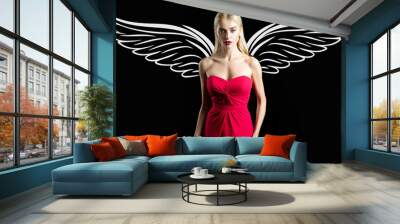 Sensual woman angel with wings. Valentines day panoramic photo banner. Sensual portrait of elegant young woman in fashionable dress in studio. Beautiful girl fashion model. Elegant Lady in red. Wall mural