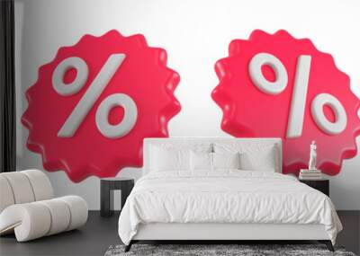 Set of discount red emblems for sales and shopping online. Price percent tag offer promotion isolated. 3d rendering. Wall mural