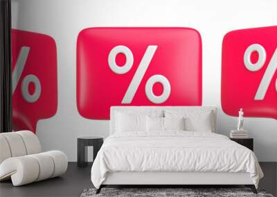 Set of red percent offer promotion message bubble isolated. Price discount icon for sales and shopping online concept. 3d rendering. Wall mural