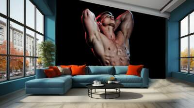 Sexy muscular men with bare naked body torso. Sport and workout. Man with muscular wet body in white fascia. Wall mural