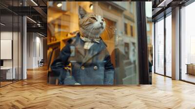 cat in clothes. Pet stands full length in a store window Wall mural