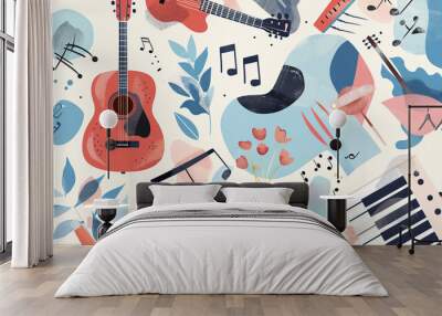 Contemporary art collage. Musical instruments on light background with abstract design elements. Concept of music lifestyle, creativity, inspiration Wall mural