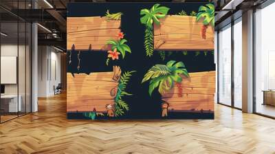 Jungle wooden sign board with plants and flowers. Cartoon  illustration of signpost or text banner made of wood and surrounded by green grass. Tropical frames and panels Wall mural