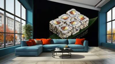 Uramaki maki sushi, two rolls on black background. Philadelphia cheese, tuna, cucumber and sesame Wall mural