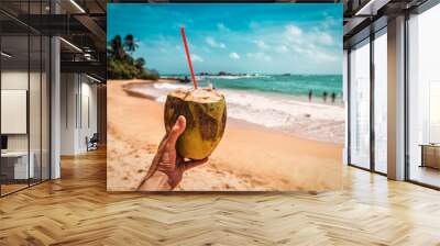 ripe coconut in the hand Wall mural