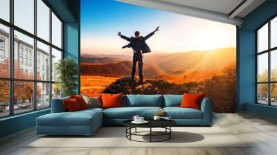 successful man in a business suit raised his hands up Wall mural