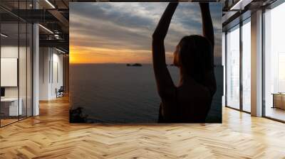 Silhouette of a woman watches sunset over a sea or ocean on a tropical island. Wall mural