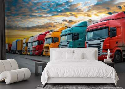 Lineup of colorful freight trucks on highway Wall mural