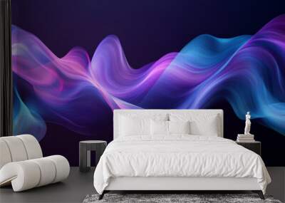 Soft gradient lines in light blue and purple flowing smoothly across a dark background, forming a calm and abstract wave effect. Wall mural