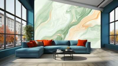 Soft liquid marble texture with flowing shades of pastel green and light peach, creating a calming and fluid abstract pattern. Wall mural