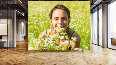 Spring woman face for banner. Spring girl outdoor in summer field. Healthy breathing concept. Wall mural