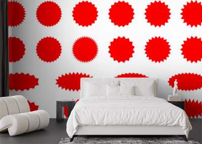 Starburst red sticker set - collection of special offer sale oval and round shaped sunburst labels and badges. Promo stickers with star edges. Vector.
 Wall mural