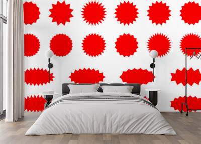 Starburst red sticker set - collection of special offer sale oval and round shaped sunburst labels and badges. Promo stickers with star edges. Vector.
 Wall mural