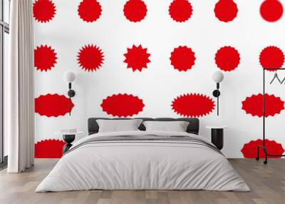 Starburst red sticker set - collection of special offer sale round and oval sunburst labels and buttons isolated on white background. Promo stickers with star edges. Vector Wall mural