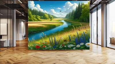 Summer landscape 11 - forest on the bank of the river, flowers and trees on the banks of the river, blue sky with white clouds on a sunny day Wall mural