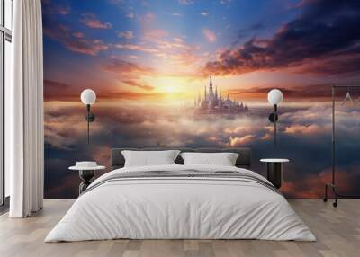 The heavenly city, the heavenly Jerusalem, the kingdom of God in the sky among the clouds. Generation AI Wall mural