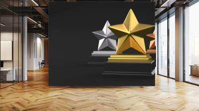 Three winner place stars trophy award isolated on black background. 3d illustration 3D render Wall mural