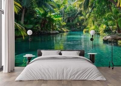 Tropical background with a serene lagoon surrounded by lush greenery: Tranquil and refreshing, ideal for a tropical escape Wall mural