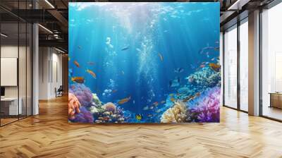 Tropical background with colorful fish swimming in a vibrant coral reef: Dynamic and lively, ideal for an underwater tropical scene Wall mural