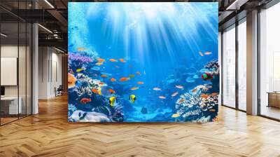 Tropical underwater background with colorful coral reefs and tropical fish swimming: Underwater and serene, perfect for an aquatic escape Wall mural