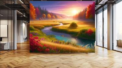 Valley with river and lush vegetation in autumn during sunrise Wall mural