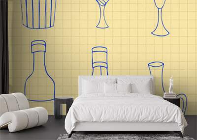 set of hand drawn glass bottles, sketch, ink drawing vector illu Wall mural