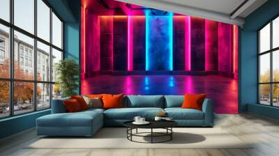 Vibrant room with neon pink and blue lights on textured walls Wall mural