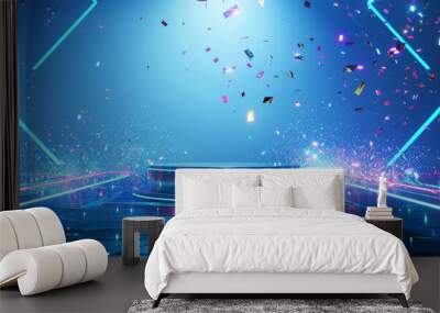 Winner award podium background showcasing a modern glass podium with neon blue lighting, set against a futuristic digital backdrop with animated confetti, creating a high-tech and exciting feel Wall mural