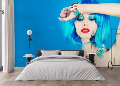 woman with blue hair wig and fashionable makeup Wall mural