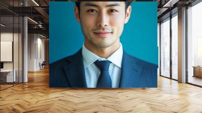 Young Japanese businessman holding a touchpad, smiling confidently at the camera, in a modern office, against a blue background. Wall mural