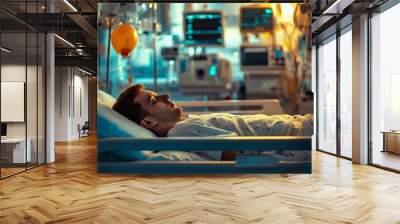 Young man is sleeping in a hospital bed with medical equipment in the background Wall mural