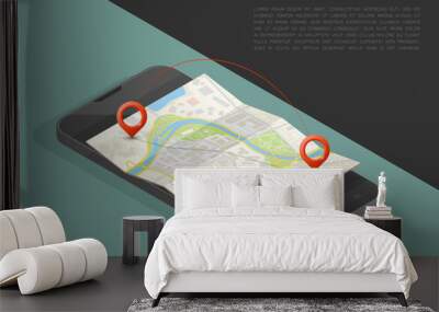 Isometric City map smartphone navigation, Isometry phone point marker, app schema isometric city plan GPS navigation tablet, itinerary destination arrow paper app city map. Route isometric check point Wall mural