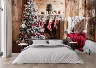 Decorated Christmas room with beautiful fir tree Wall mural