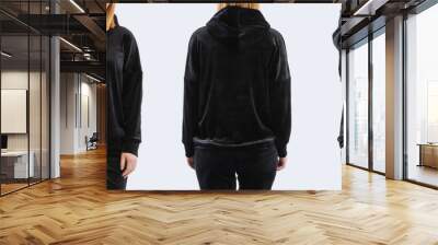 Template of a women's sweatshirt of black colors. Front view, side view, back view. Hoodie mockup. Wall mural