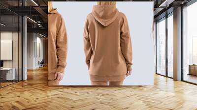 Template of a women's sweatshirt of brown colors. Front view, side view, back view. Hoodie mockup. Wall mural