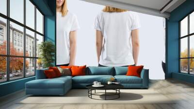 Template of a women's t-shirt of white colors. Front view, side view, back view. Mockup. Wall mural