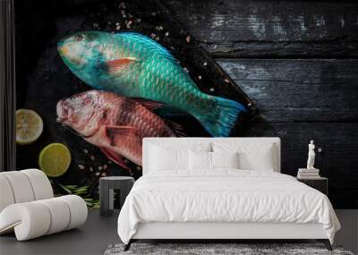 Sea delicacies. Fresh seafood. Parrot fish Wall mural