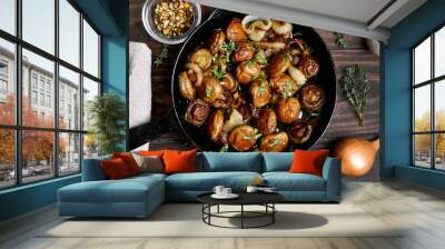 Delicious fried mushrooms in pan Wall mural