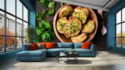 Toasted bread with cheese and greens Wall mural