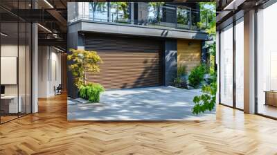 Automated roller gate or push up door on ground floor of modern building Brown automatic shutters on garage entrance Wall mural