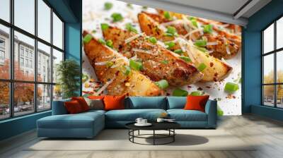 Baked potato wedges topped with mozzarella chilli flakes and green onions photographed on a white background Wall mural