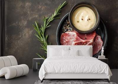 Beef tongue with horseradish sauce and rosemary on brown table Juicy and tender great appetizer Top view Wall mural